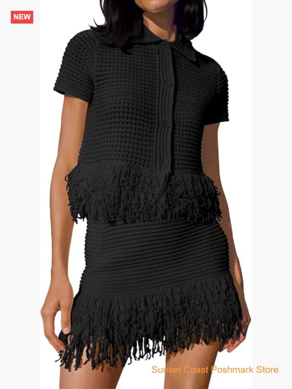 Crochet Short Sleeve Button Knit Sweater and Fringe Skirt Set